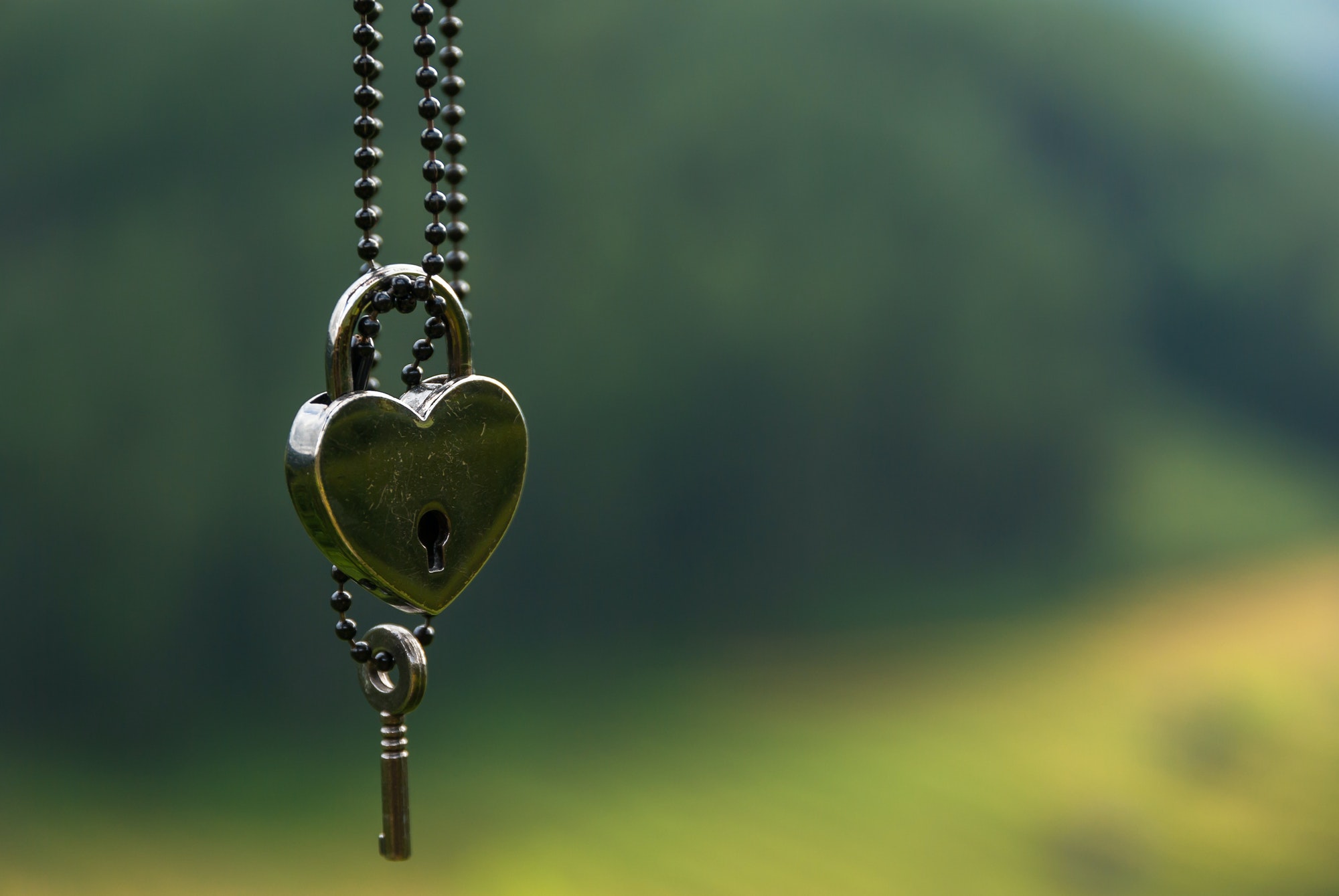 heart shape Lock and key on green background